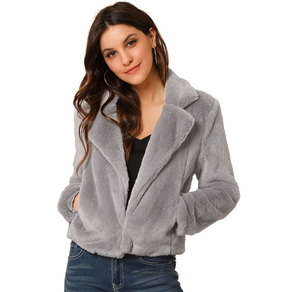 Cropped Jacket Notch Lapel Faux Fur Fluffy Coat Grey